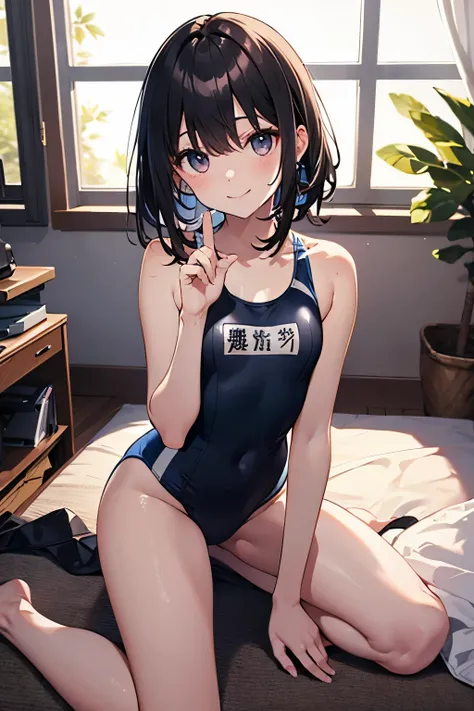 hiquality、top-quality、Full limbs、The ultra -The high-definition、Long、Shining eyes、complete fingers、Slender beauty、ssmile、Wearing a shiny school swimsuit、shinny skin、Black knee high、girls own room、Dramatic Writing