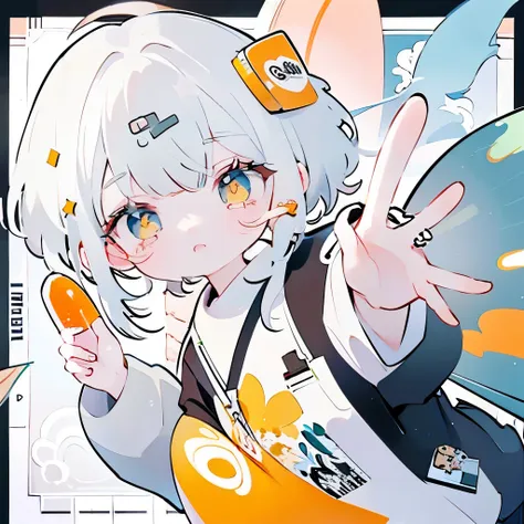 🦕🍊🐭,white  hair,reaching out,