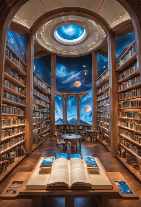 magic library，filled with books，movable bookshelf，transformable bookshelf，interactive screen，high-tech learning tools，lively and...