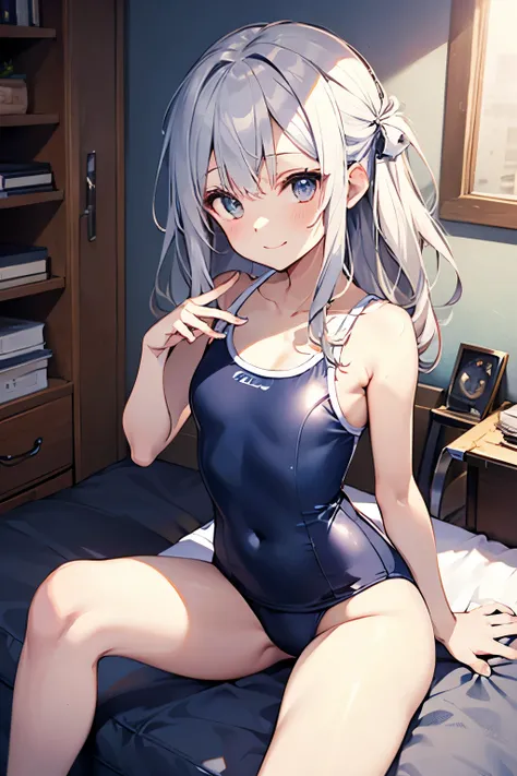 hiquality、top-quality、Full limbs、The ultra -The high-definition、Long、Shining eyes、complete fingers、Slender beauty、ssmile、Wearing a shiny white school swimsuit、shinny skin、knee high、girls cute room、Dramatic Writing