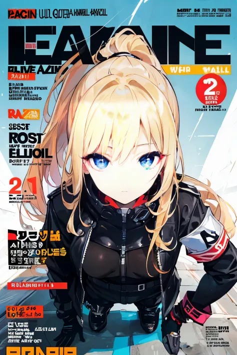 (masuter piece,Best Quality,Ultra-detailed), (A detailed face), (front-facing view), Young Girl, Blonde long hair, High ponytail, (graffiti wall:1.2), 1lady, body suit, Black jacket, Red armband, blue eyess, full body Esbian, (magazine:1.3), (cover-style:1...