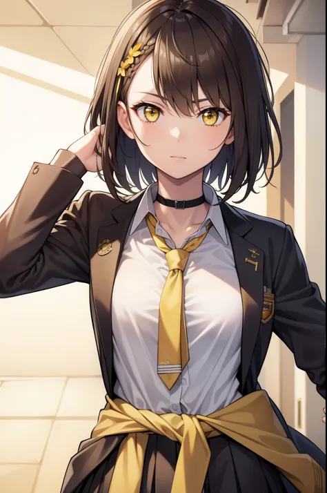 baltimore, baltimore, brown hair, (yellow eyes:1.5), braid, ahoge, short hair, french braid, hair between eyes, bob cut, small b...