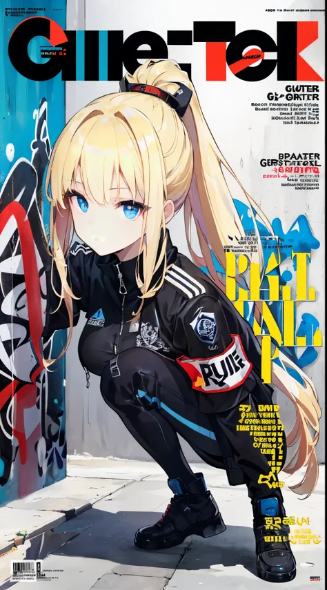 (masuter piece,Best Quality,Ultra-detailed), (A detailed face), (front-facing view), Young Girl, Blonde long hair, High ponytail, (graffiti wall:1.2), 1lady, body suit, Black jacket, Red armband, blue eyess, full body Esbian, (magazine:1.3), (cover-style:1...