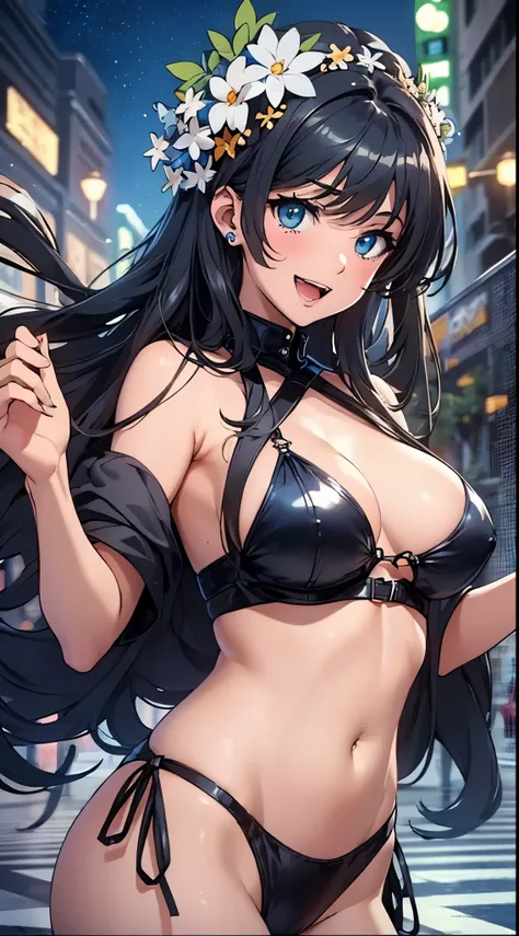 1womanl,Black hair,14years ,(()),Beautiful breasts,(((sexy white and blue shiny bikini)))(())(((Blushing cheeks、Smile with open mouth)),(((Satin Narico))),((( portlate))),Crowds,white and blue shiny bikini,