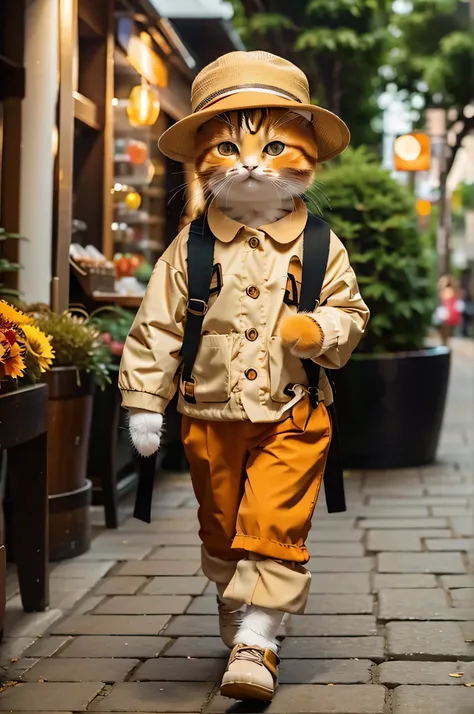 Mao rice，tmasterpiece，Best quality at best，A cute orange kitten，Wear fall fashion，Booties，cute hats，Pleasant expression，Walk the streets of the city，ultra - detailed,Vibrant colors，Studio lighting,professional photoshooting,hyper HD