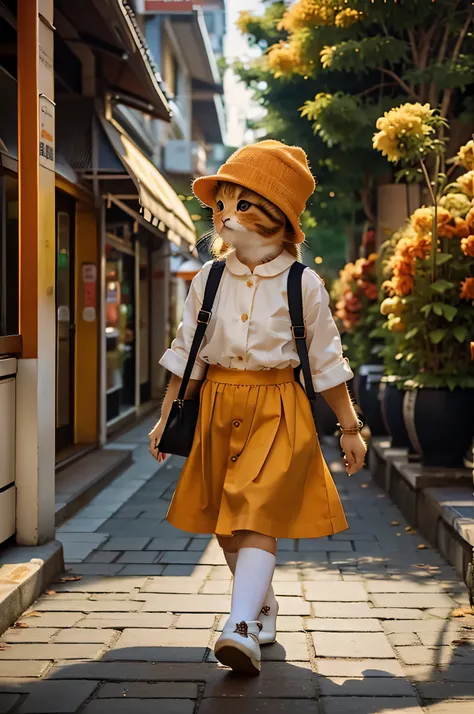 Mao rice，tmasterpiece，Best quality at best，A cute orange kitten，Wear fall fashion，Booties，cute hats，Pleasant expression，Walk the streets of the city，ultra - detailed,Vibrant colors，Studio lighting,professional photoshooting,hyper HD