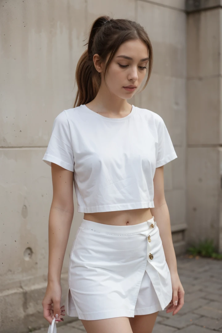 femele，1.7m，w aloof，High ponytail，blacksilk，white  shirt，Superskirt，White sneakers