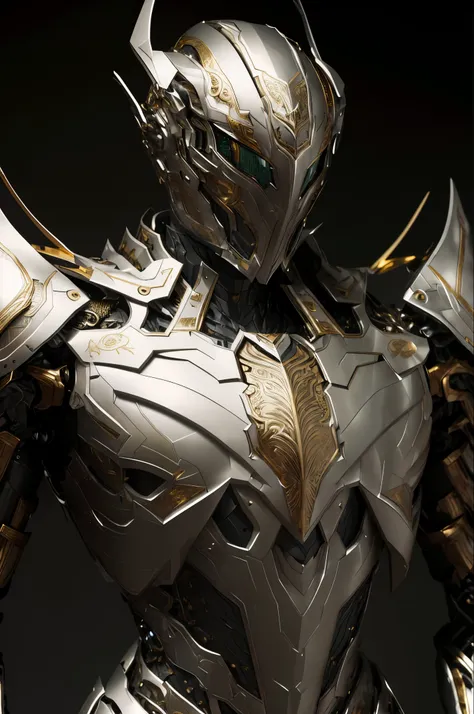 a close up of a silver and gold armor statue on a black background, intricate white and gold armor, ornate white and gold armour...