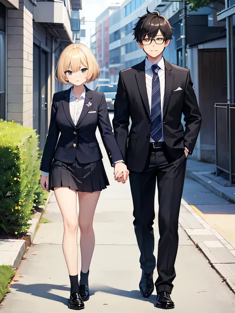 1,man and woman walking hand in hand.
2,The woman is a delinquent high school girl, Blonde hair, a miniskirt, poor eyesight, Not wearing glasses.
3,The man is a teacher with shaggy black hair and a suit..
4,The location is on the way to school.