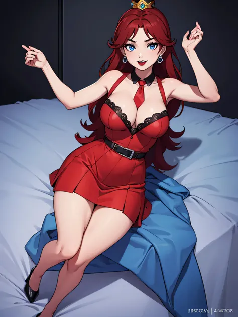 ((high detailed, best quality, 4k, masterpiece, hd:1.3)), (hotel_bed), Princess Daisy laying on bed, neon blue eyes, BREAK blue eyes, seductive, attractive, sexy smile, smiling, smooth anime cg art, 36C breasts, long legs, vivid colors, detailed digital ar...