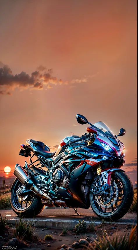 s1000rr motorcycle parked on the side of the road in the sunset, wallpaper mobile, shot at golden hour, high quality wallpaper, 🚿🗝📝, dusk setting, sundown, motorcycle, at golden hour, mobile wallpaper, taken at golden hour, morning golden hour, high qualit...