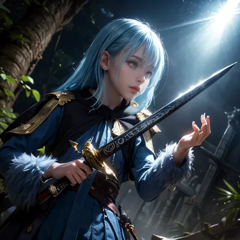 8K, best quality, best resolution, ultra detailed, cinematic lighting, realistic, bokeh, masterpiece, absurdress, beautiful, rimuru_tempest, blue hair, yellow eyes, long hair, weapon, sword, glowing sword, forest, village