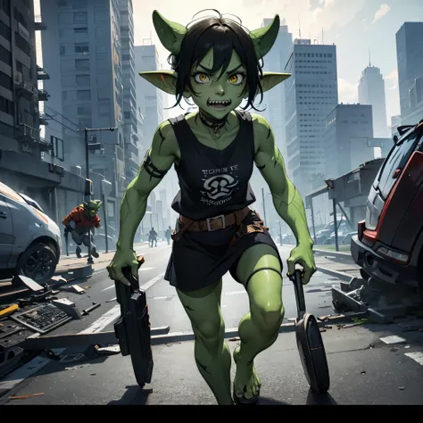 many goblins (goblin, green skin, pointy ears, sharp teeth, dressed in rags), invading a cyber punk city, smashing cars, attacking everything, breaking windows, running everywhere