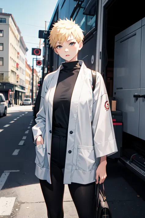 A female character in the art style of jujutsu kaisen, with a short blond buzzcut and colourfull clothes, standing in front of a van with a black cat beside her.