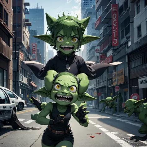 many goblins (goblin, green skin, pointy ears, sharp teeth, dressed in rags), invading a cyber punk city, smashing cars, attacking everything, breaking windows, running everywhere