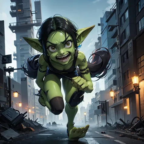 many goblins (goblin, green skin, pointy ears, sharp teeth, dressed in rags), invading a cyber punk city, smashing cars, attacking everything, breaking windows, running everywhere