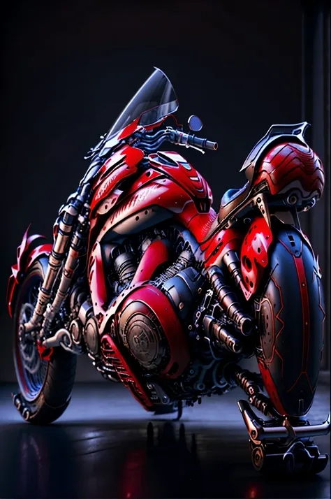 a close up of a red motorcycle parked on a black surface, akira motorcycle, akira's motorcycle, futuristic motorcycle, sazabi, d...