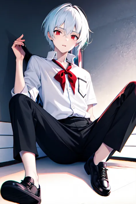 A beautiful boy with white skin, sharp and shiny red eyes. His hair is short, white, straight, and has light green tips. He is wearing a school uniform, in the style of the anime Sk8 the infinity.