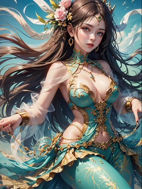 art, Unity 8k壁纸, Ultra-detailed, Beautiful and aesthetically pleasing, (s fractal art: 1.3),  flower, girls, (Hairstyles: Long hair) Ocean, Extremely detailed, Cowboy shot, The most beautiful, Seafoam, Buble, cute big breasts, ultra quality, random backgro...