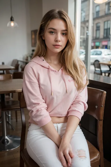 ((best quality)), ((masterpiece)), (detailed), perfect face, a girl sitting on a chair in a cafe drinking coffee, wearing pink hoodie and white jeans, perfect bg blur, cinematic lighting, 8k ultra resolution, hyper realistic quality, led glow blur in backg...