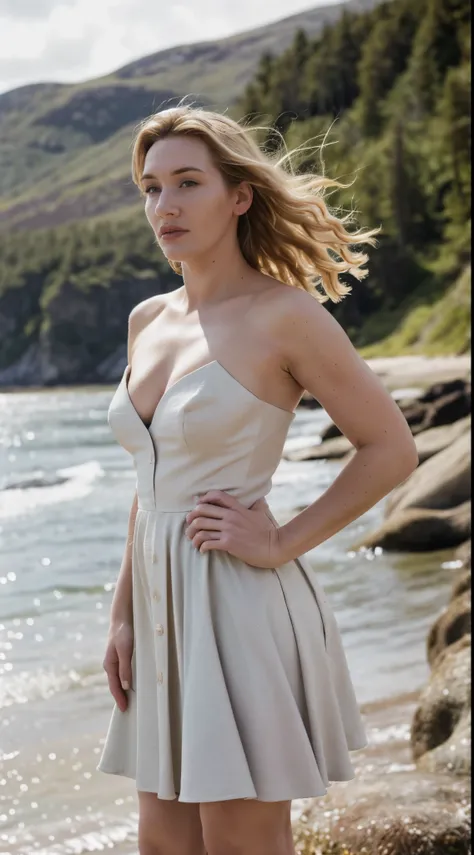 (Photograph of Kate winslet)  (random shit, full body photograph) (insanely detailed skin texture, hyper photorealistic texture, detailed features, depth of field) ,photo awarded , m blonde hair blonde blown by wind emerald eyes strapless dress modern by J...