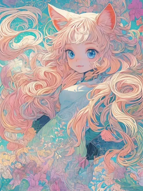 (masutepiece, Best Quality), Beautiful cat, Wavy Hair,  enticing, big gorgeous eyes,　(Detailed eyes, Eyes Like Gems, Sparkling eyes:1.3) , Soft smile, perfect slim fit body, blue-sky, (plein air), Bright colors, (Risograph)