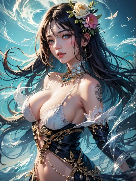 art, Unity 8k壁纸, Ultra-detailed, Beautiful and aesthetically pleasing, (s fractal art: 1.3),  flower, girls, (Hairstyles: Long hair) Ocean, Extremely detailed, Cowboy shot, The most beautiful, Seafoam, Buble, cute big breasts, ultra quality, random backgro...