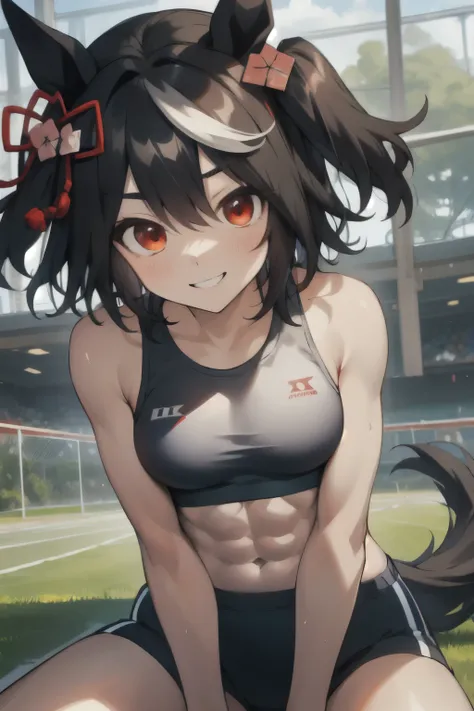 kitasan black(umamusume), (ultra-detailed face), symmetrical face, beautiful face, masterpiece, best quality, abs, slender, muscle, horse tail, smile, athletics track, sports bra, medium tits, hand between legs