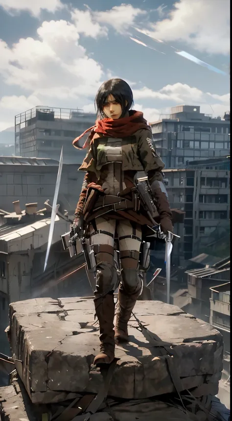 anime character with sword on top of a mountain with a sword, mikasa ackerman, (attack on titans anime), from attack on titan, attack on titans, in attack on titan, shingeki no kyojin, eren yeager, attack on titan, attack on titan anime style, eren jaeger,...