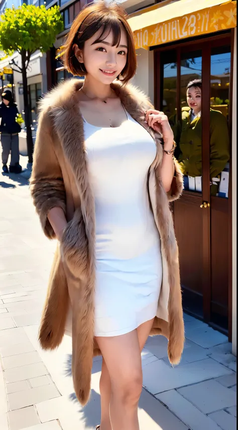 (in 8K、超A high resolution、Best Quality、masuter piece、Photorealsitic、The ultra -The high-definition)、(huge tit、Pretty big breasts、toned body、(Must wear white tube top dress without shoulder straps、Must have a fur coat:1.3)(walking through the city in winter...