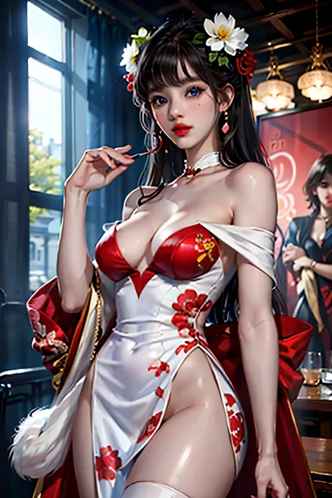 1girl in,top-quality、超A high resolution、(Photorealsitic:1.4)、blue eyess、Look at viewers、red blush、Off-shoulder white dress with floral print