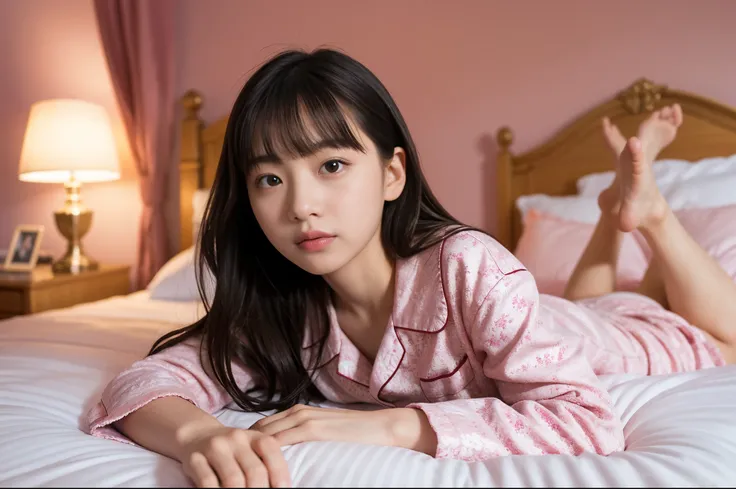 ​masterpiece, top-quality、Raw foto, Photorealsitic、1womanl、12year old、bedroom、Pink pajamas、Lying in bed、unbelievable Ridiculous、depth of fields, hight resolution, ultra-detailliert, foco nítido, Cinematic lighting