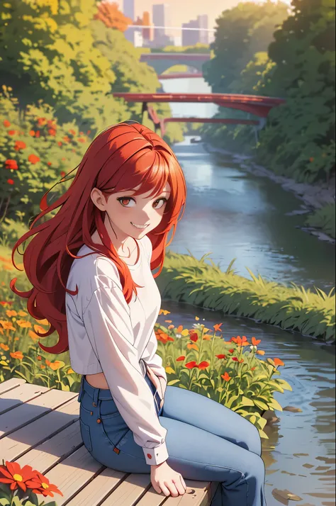 digital art, (girl, red_hair, flowers, baggy jeans, white shirt, discreet smile, cute look), (sitting on a bench, river in the background, golden hour)