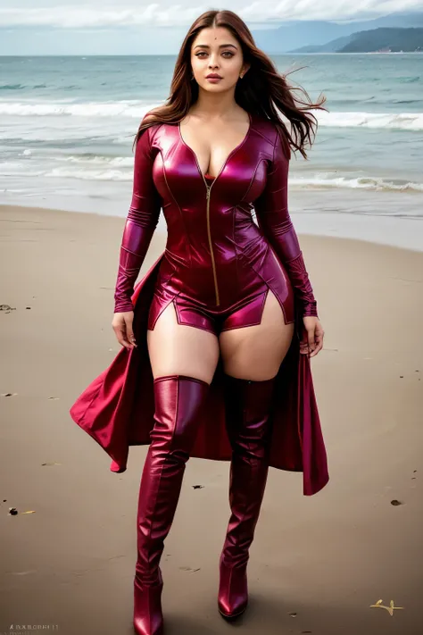 Aishwarya rai as scarlet witch superhero, no forehead marking, full body image, knee high boots, maroon bodycon scarlet witch suit, ((curvy athletic figure)), open hair, posing in beach, sunny day scene, hourglass figure, perfect breasts, fit, seductive fa...