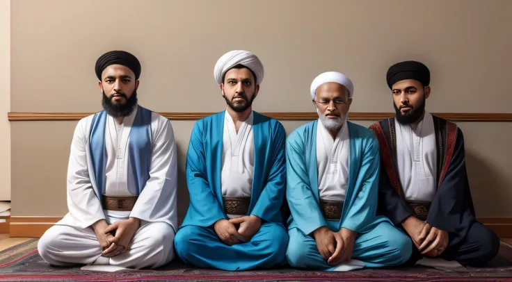 4 people Sufis are sitting together Several people in ancient islamic turkish clothing white and gray ( Imam mahdi from behin) sitting in the mosque, sitting on the floor, meditating on the floor