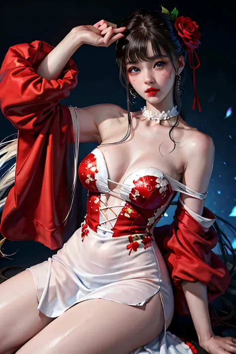 1girl in,top-quality、超A high resolution、(Photorealsitic:1.4)、blue eyess、Look at viewers、red blush、Off-shoulder white dress with floral print