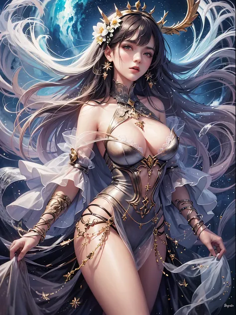 art, Unity 8k壁纸, Ultra-detailed, Beautiful and aesthetically pleasing, (s fractal art: 1.3),  flower, girls, (Hairstyles: Long hair) Ocean, Extremely detailed, Cowboy shot, The most beautiful, Seafoam, Buble, cute big breasts, ultra quality, random backgro...