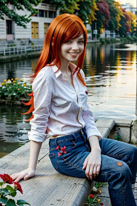 digital art, (girl, red_hair, flowers, baggy jeans, white shirt, discreet smile, cute look), (sitting on a bench, river in the background, golden hour)