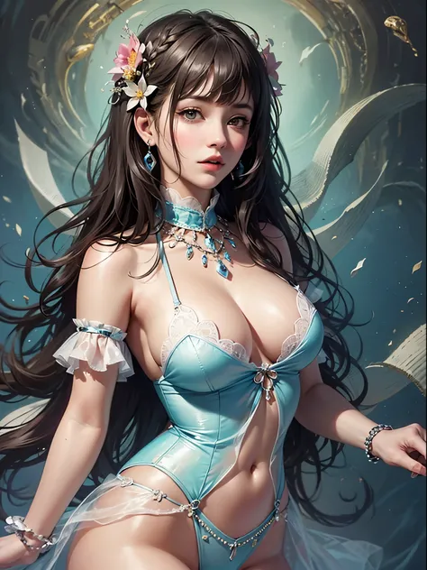 art, Unity 8k壁纸, Ultra-detailed, Beautiful and aesthetically pleasing, (s fractal art: 1.3),  flower, girls, (Hairstyles: Long hair) Ocean, Extremely detailed, Cowboy shot, The most beautiful, Seafoam, Buble, cute big breasts, ultra quality, random backgro...