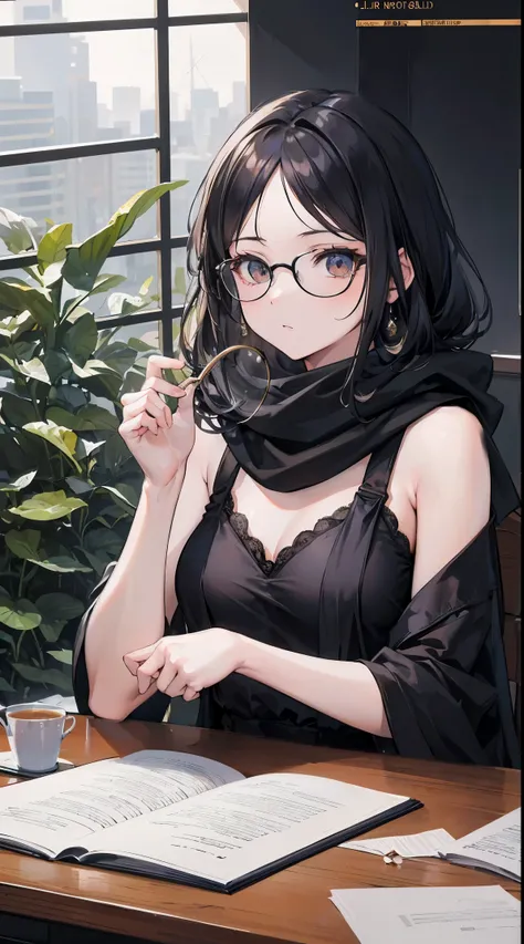 (extremely detailed 8K wallpaper),(ultra-detailed),(best quality),(masterpiece),(vertical painting),(highly detailed),(cinematic lighting),A beautiful girl sitting at the desk，cabelos preto e longos，((Writer appearance)),Qi bangs，Wearing black-framed glass...