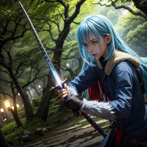 8K, best quality, best resolution, ultra detailed, cinematic lighting, realistic, bokeh, masterpiece, absurdress, beautiful, rimuru_tempest, blue hair, yellow eyes, long hair, weapon, sword, ((glowing sword)), forest, village