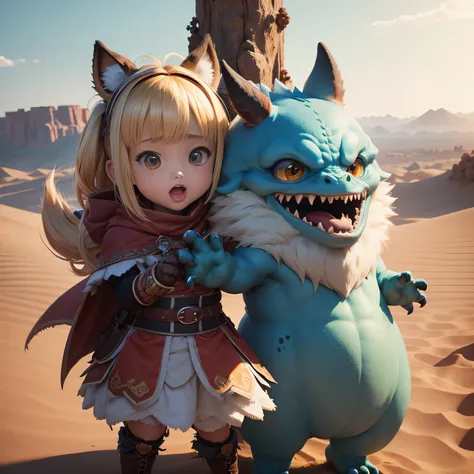 超A high resolution、An ultra-high picture quality、8K、Detailed details、marvelous expression、Lots of kids、many small, A comical and cute monster becomes your friend....、everyone is playing together、Monster Hunter Character Costumes、Vast desert background、