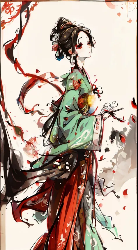 shukezouma, negative space, , shuimobysim , Portrait of a woman standing , red lotus, (tmasterpiece, Best quality at best:1.2), Tradition Chinese Ink Painting, model shoot style, Calm, (ssmile), looking at viewert, wearing long Hanfu, Hanfu, song, 背景中的red ...