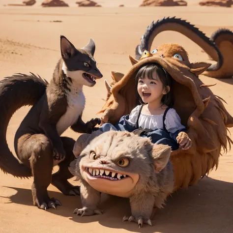 超A high resolution、An ultra-high picture quality、8K、Detailed details、marvelous expression、Lots of kids、many small, A comical and cute monster becomes your friend....、everyone is playing together、Monster Hunter Character Costumes、Vast desert background、