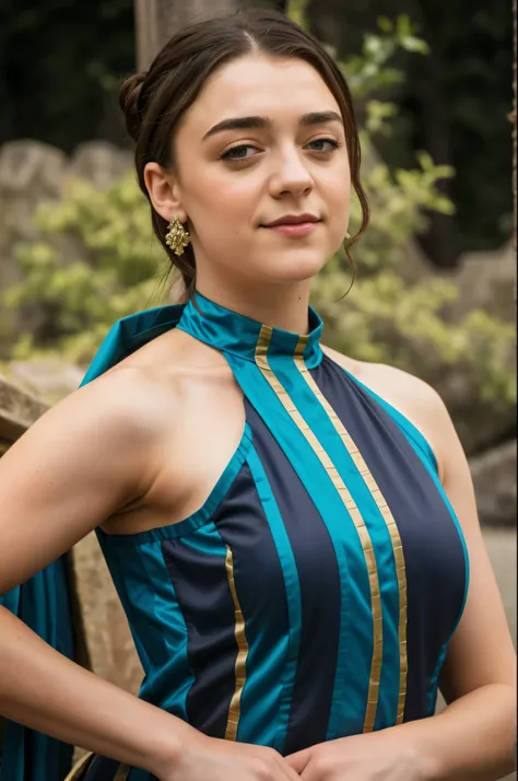 Foto RAW, RAW photograph of Maisie Williams, Arya Stark, mediaeval world cinematic background, Extremely gorgeous lady, Arya Stark PLAYED BY MAISIE WILLIAMS, Queen Arya Stark, she  a mature woman now, milf, sexy mediaeval battle dress, gladiator woman, bod...