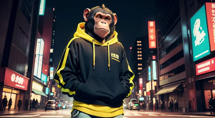 chimpanzee wearing sweater and sweatpants in tokyo, neon city