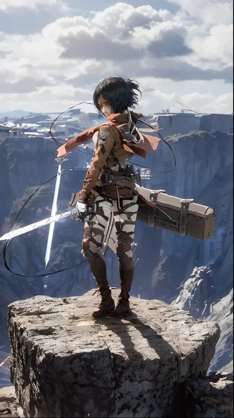 anime character with sword on top of a mountain with a sword, mikasa ackerman, (attack on titans anime), from attack on titan, attack on titans, in attack on titan, shingeki no kyojin, eren yeager, attack on titan, attack on titan anime style, eren jaeger,...