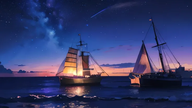 neon colors in the sky, stars, colors splashes in the sky purple and blue, pirate ship in the distance, over looking ocean anime style, No people, cartoon anime drawn