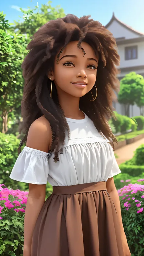 3D a little girl is pele morena escura, (((solo))), telegram sticker, no parque *(((sentada)))*,  creating a soft, long dress female, (((retrato realismo))), (girl afro-americana) (((brown hair))), (((close-up detailed facial affections: 1.15))), (((cabelo...