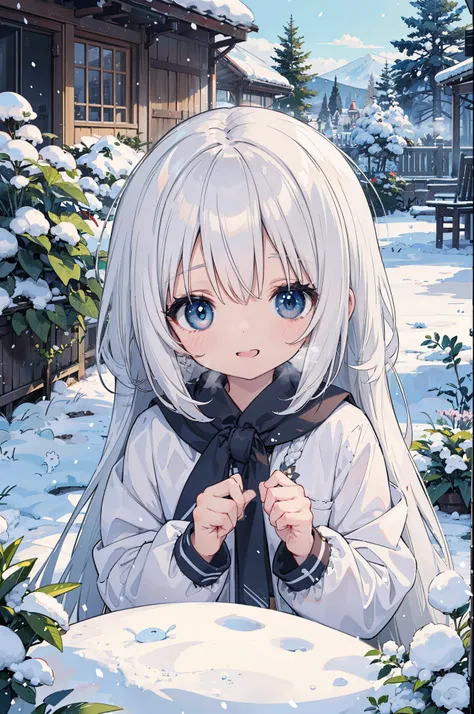 (Masterpiece, Top Quality, Top Quality, Official Art, Colorful Work, Portrait), Girl, Chibi, (White Breath: 1.5), (Happiness: 1.3), Garden, Snow, Particulate Fluorescent Luminescent Group, Cute